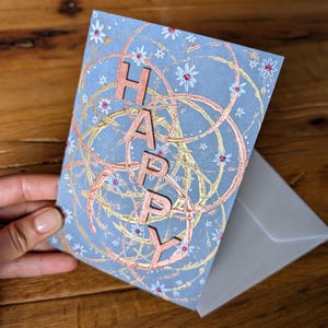Vrolijke handgeschilderde kaart – HAPPY met botanisch motief – verjaardag, gefeliciteerd of gewoon om iemands dag op te fleuren