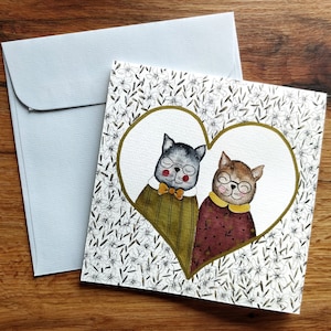 Retro Valentinstag Karte | Niedliche Katzen Liebe | Handgemaltes Kunst Geschenk | Paar Grüße |  Jubiläumswünsche | Großeltern | Eltern