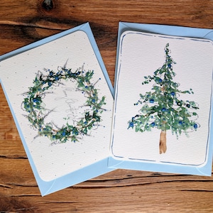 Elegante handgeschilderde kerstkaartenset | Krans en kerstboom | Luxe blauw glanzende originele kunst | Artistieke feestdagen