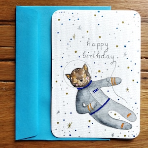 Weltraum Geburtstagskarte für Ihn, Postkarte mit Kosmonauten Katze, handgemalte originale Illustration, süße Karte für Junge, Freund, Bruder