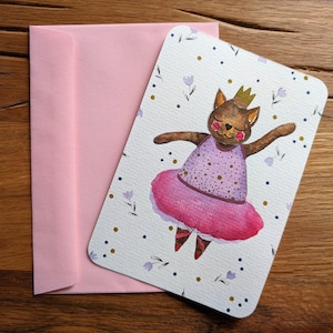 Postal de gato bailarina pintada a mano / Colores femeninos rosados / Perfecto para el primer cumpleaños