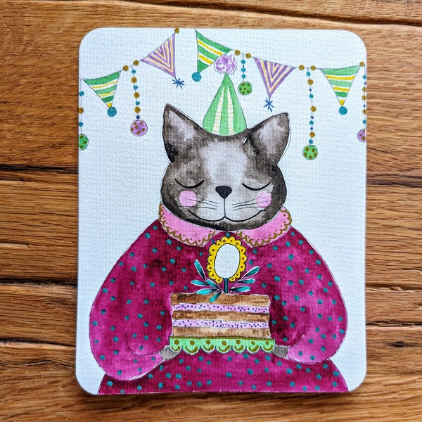 Spersonalizowana, ręcznie malowana kartka urodzinowa z kotem i ciastem | Idealny dla kobiet lub dziewcząt, 1. urodziny