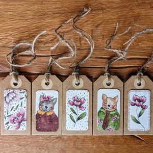 Eco-stijl handgeschilderde bloemen- en kattencadeaukaartjes | Elegant, romantisch, bessenkleur | Set van 5