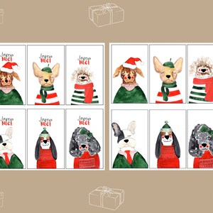 Wydrukowane etykiety na prezenty świąteczne - słodkie i zabawne psy - malowane ręcznie cyfrowe do pobrania z napisem „Joyeux Noel” w języku francuskim