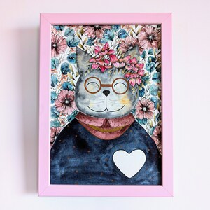 Ritratto di nonna animale carino / Regalo personalizzato per la festa della mamma / Decorazione da parete per Gattara / Regalo per amante dei gatti / Arte da parete floreale dipinta a mano