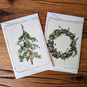 Elegante juego de tarjetas navideñas en acuarela - Árbol y corona de cobre y oro - Tarjetas de felicitación navideñas personalizadas