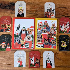 Set kerstkaarten en cadeaukaartjes – handgeschilderd feestelijk plezier voor dierenliefhebbers