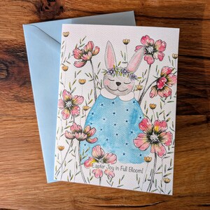 Biglietto di auguri di Pasqua con coniglietto carino - Opera d'arte floreale dipinta a mano - Biglietto di auguri primaverile, biglietto di auguri di Pasqua