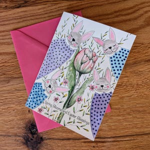 Biglietto di auguri di Pasqua - Coniglietto e fiori acquerellati a mano, acquerello dipinto a mano, design primaverile