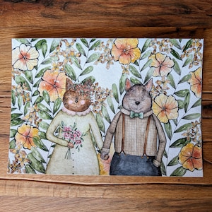 Ritratto di matrimonio autunnale, sposa e sposo, regalo originale personalizzato per matrimonio o anniversario, regalo retrò, amanti dei gatti, fiori dai colori caldi