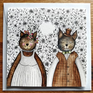 Tarjeta de regalo Boho Wedding Felicitaciones / Tarjeta de felicitación de matrimonio personalizada pintada a mano / Regalo floral para amantes de los gatos