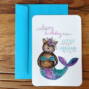 Carte postale de joyeux anniversaire petite sirène, cadeau sirène chaton pour bébé fille, carte peinte à la main pour elle, 1er anniversaire