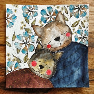Pittura ad acquerello: gatti coccolati su sfondo floreale: perfetto anniversario di matrimonio o regalo di inaugurazione della casa!