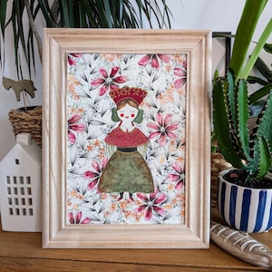 Illustrazione dipinta a mano su carta di cotone, ragazza in costume popolare, arte multimediale