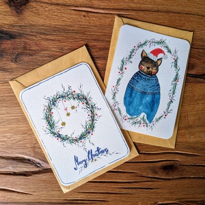 Set di 2 cartoline di Natale / Motivi delicati dipinti a mano / Illustrazioni originali della ghirlanda e dell'elfo di Babbo Natale