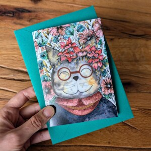 Tarjeta de felicitación con diseño de gato con flores, tarjeta artística pintada a mano para abuela, mamá, maestra, amiga, regalo único de cumpleaños, jubilación o agradecimiento