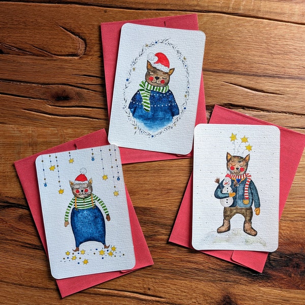 Christmas card set | Christmas postcards 3 pieces | Cat Watercolor Cards | Original Illustrations