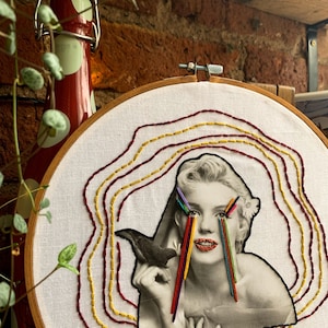 Marilyn Monroe Embroidery Hoop Wall Hanging | Colourful Rainbow Home Decor Wall Art Embroidered Artwork Textile | 24cm x 24cm