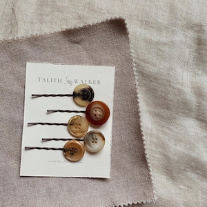 Button Hair Slides Set of 5 Vintage Button Brown Hair Clips Bobby Pins