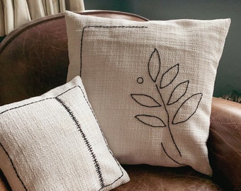 White Leaf Cushion Embroidered Black Minimalist Stitch on Tweed | 18x18" | Handmade Throw Cushion Pillow Sofa Bedroom Decor