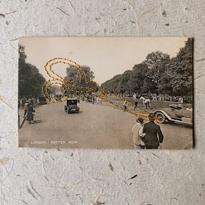 Postal bordada con tijeras, decoración vintage, amarilla, cosida a mano, sepia, negro y blanco, arte de pared retro, 13 x 7,6 cm