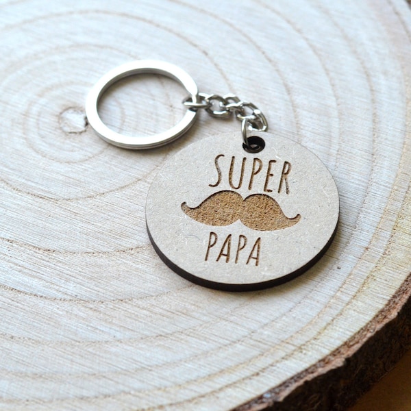 Porte-Clé Super Papa en bois. Porte-clé Fête des pères. Porte-clé Bonne fête papa.