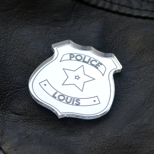 Badge personnalisé Insigne de Police Argent Acrylique. Badge police avec prénom. Décoration anniversaire. Anniversaire police
