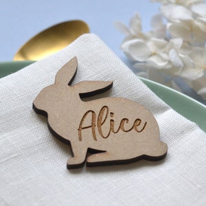 Custom wooden rabbit place mark. Wooden Easter decoration with first name. Easter table decoration