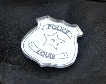 Badge personnalisé Insigne de Police Argent Acrylique. Badge police avec prénom. Décoration anniversaire. Anniversaire police