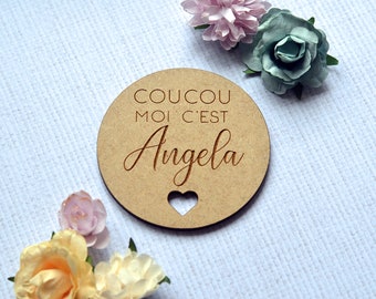 Wooden Baby Name Card in Heart Pattern - Birth Name Announcement