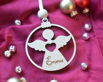 Decoración personalizada de Ángel de Navidad en madera. Decoración de madera con nombre de pila. Decoración navideña. Adorno navideño. Decoración del árbol de Navidad