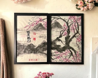 Cherry Blossom/view/Double Frames/Mountain/Bird/Chinese/Japan/Sumi-e Art/Rice Paper Painting/ Original/Handmade