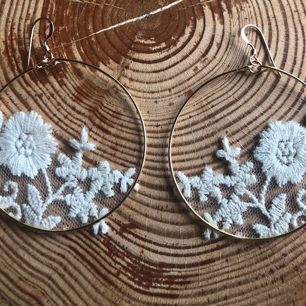 Lace Earrings Gold Filled Hoops with Cream Lace Hoops and Flowers Gold Hoops with Lace White Flower Earrings Floral Lace Jewelry