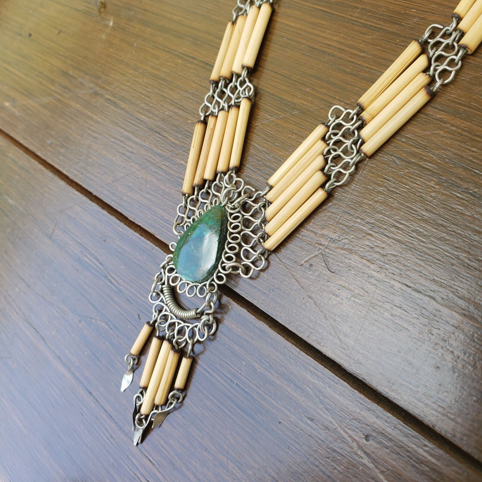 Vintage Boho Bamboo Choker Necklace Natural Stone Peruvian Etsy
