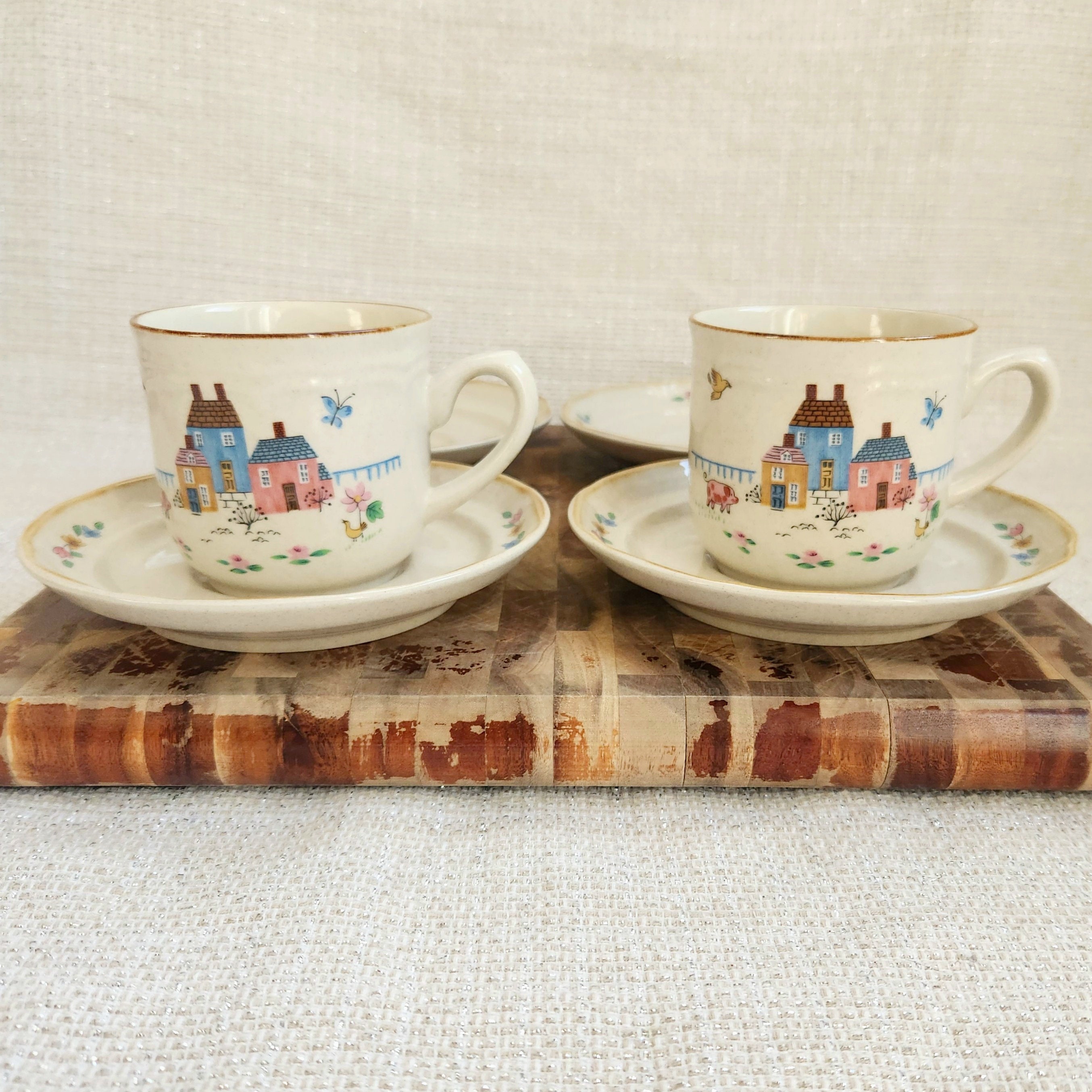 International Heartland Stoneware Mugs and Saucers, 7774, Folkart