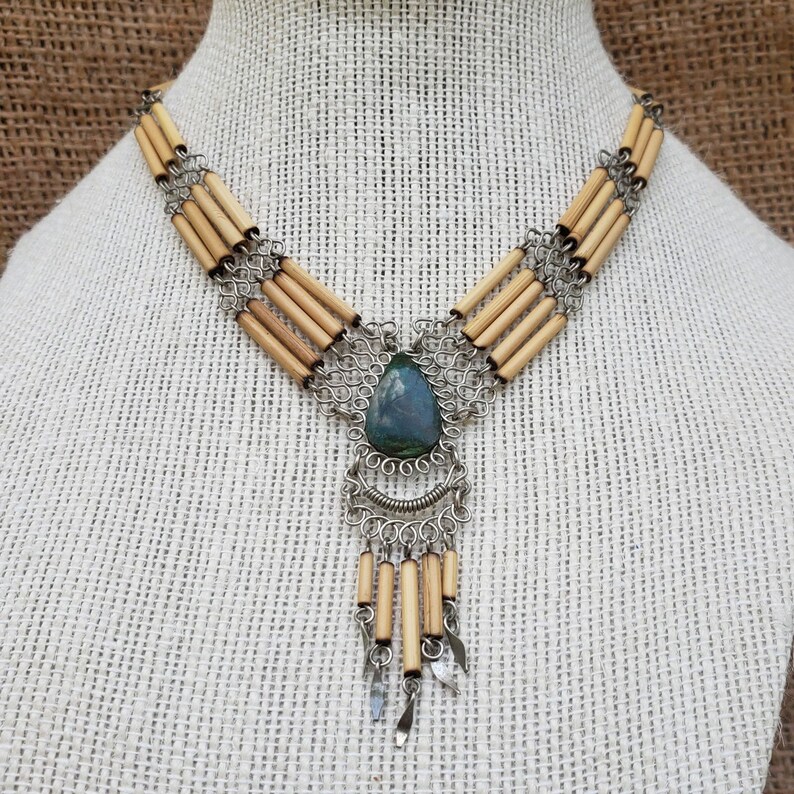 Vintage Boho Bamboo Choker Necklace Natural Stone Peruvian Etsy