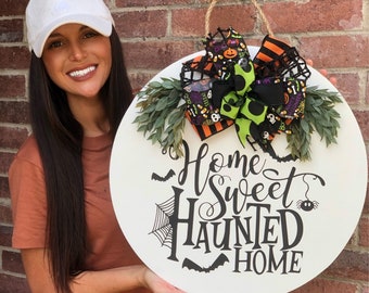 Front Door Decor, Halloween Door Hanger, Home Sweet Haunted Home Wreath, Fall Porch Decor, Fall Decor Outdoor, Wooden Fall Sign, Home Gift