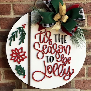 Christmas Front Door Decor, Tis the Season to be Jollly Door Hanger, Raised 3D Lettering Christmas Wreath Decoration, Outdoor Porch Decor
