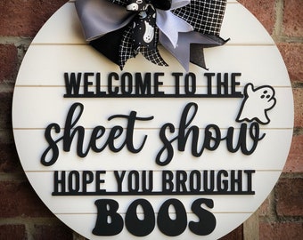 Décoration d'Halloween pour porte d'entrée, accroche-porte Sheetshow, lettrage 3D, couronne d'Halloween déco fantôme, décoration d'Halloween, décoration d'intérieur amusante, cadeau