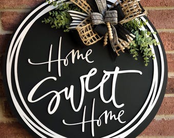 Home Sweet Home Door Hanger Wreath, Front Door Decor, Farmhouse Decor, Front Door Sign, Porch Decor, Porch Sign, Outdoor Wooden Sign, Gift