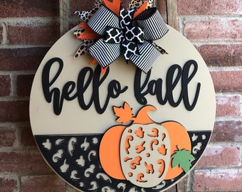 Front Door Decor, Hello Fall Door Hanger, Leopard Pumpkin Fall Wreath Porch Decor, Home Decor, Fall Decor, Front Door Sign, Farmhouse Porch