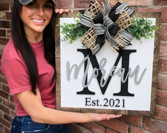Personalized Family Name Sign Door Hanger, Front Door Decor, Last Name Sign for Front Door, Monogram Outdoor Porch Decor, Wedding Gift