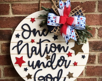 Patriotic Wreath Door Hanger, Americana Front Door Decor, One Nation Under God Door Sign, Independence Day Decor, Fourth of July Home Decor