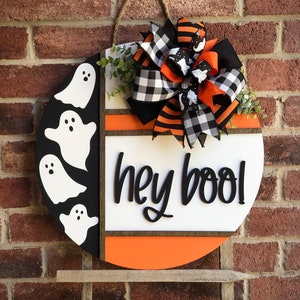 Halloween Door Hanger, Hey Boo Door Hanger, Ghost Front Door Decor, Halloween Wreath, Porch Decor, Ghost Sign, Wooden Fall Sign, Gift,