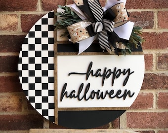 Happy Halloween Door Hanger For Front Door, Checkered Halloween Wreath, Front Door Decor, 3D Lettering, Home Decor, Outdoor Porch Wood Sign