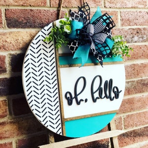 Front Door Decor, Herringbone Welcome Door Hanger, Welcome Sign, Front Door Wreath, Front Door Sign, Spring Porch Decor, Porch Sign, Gift TURQUOISE OH HELLO