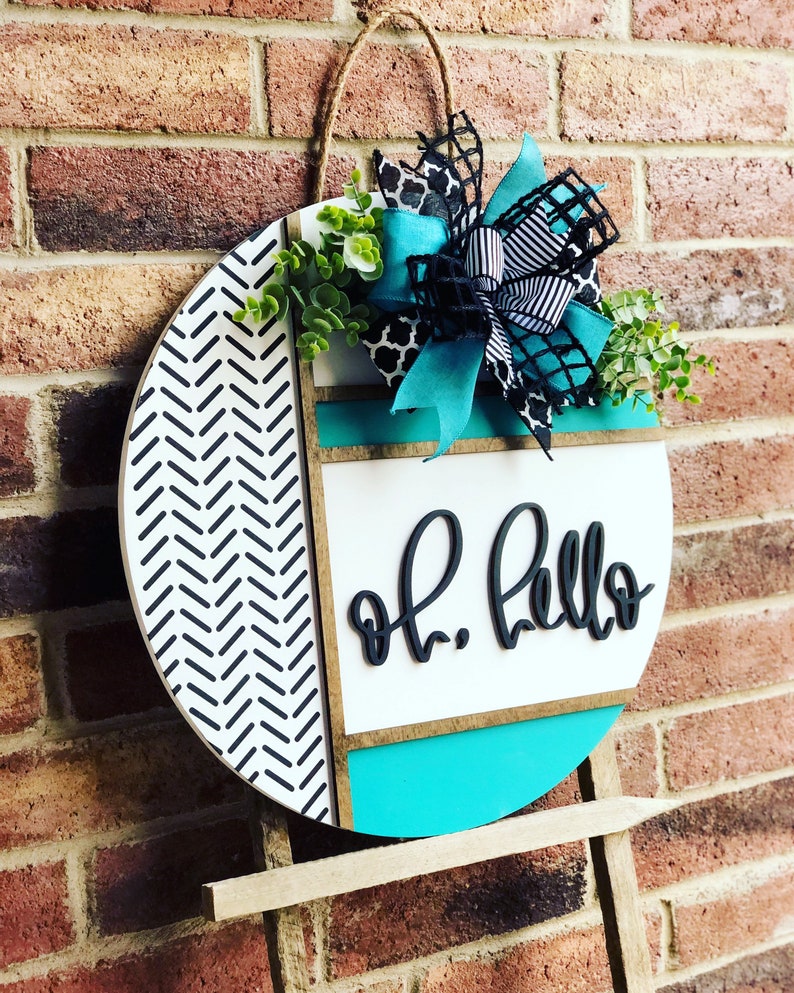 Front Door Decor, Herringbone Welcome Door Hanger, Welcome Sign, Front Door Wreath, Front Door Sign, Spring Porch Decor, Porch Sign, Gift TURQUOISE OH HELLO