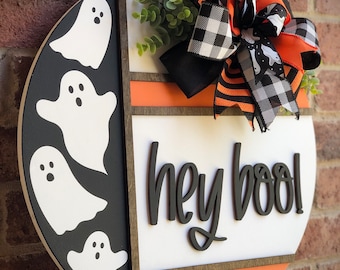 Cute Pink Ghost Wooden Halloween Door Sign With Bow - Farmhouse Style Porch & Wall Hanging Decor