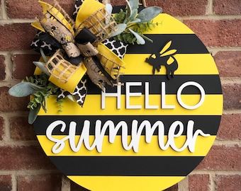 Front Door Decor, Bee Hello Summer Door Hanger, Summer Wreath Porch Decor, Home Decor, Summer Decor, Front Door Sign, Farmhouse, Gift