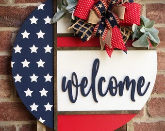 Front Door Decor, Patriotic Door Wreath, Americana Welcome Door Hanger, Welcome Sign, Door Sign, Summer Home Decor, 3D Letters, Porch Decor